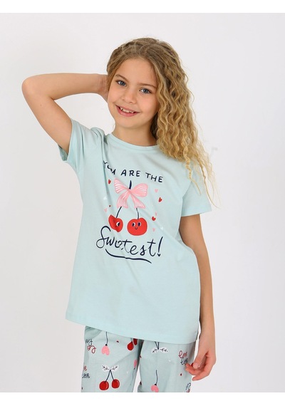 Kız Çocuk Kısa Kollu %100 Pamuklu Pijama Takımı Cherry Mint