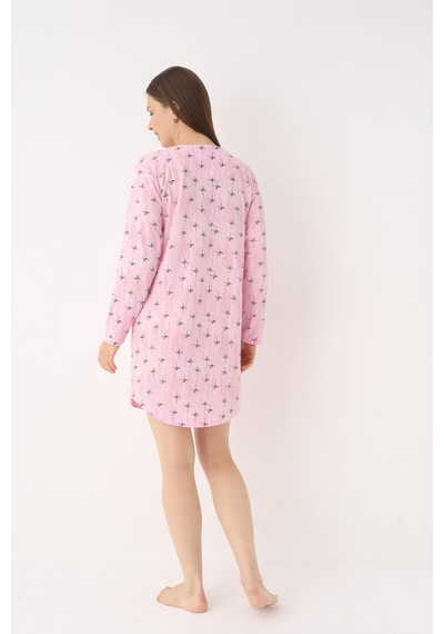 Yasar Underwear Kadın %100 Pamuk Desenli Uzun Kollu Yarım Pat Düğmeli Rahat Kesim Gecelik Pembe Pembe