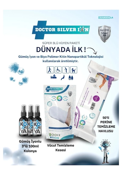 Doctor Silver Ion Gümüş İyonlu Kolonya 3 x 100 ML + Vücut Temizleme Kesesi + Perine Islak Mendili 50'li