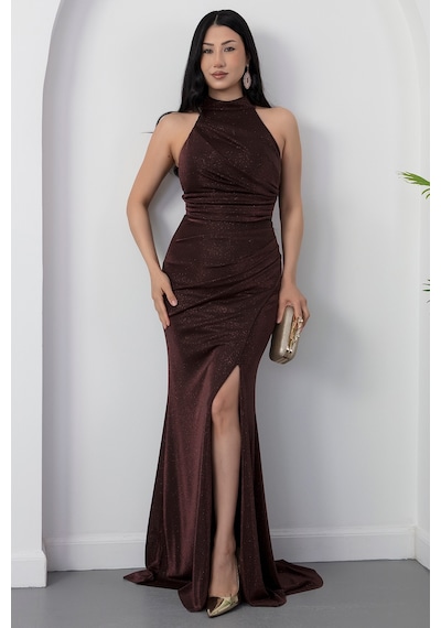 Kalopya Halter Yaka Yırtmaçlı Simli Elbise Drp0013 Kahve
