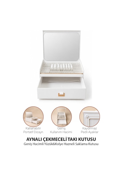 Aynalı Çekmeceli Takı Kutusu Aynalı Kapak Çekmeceli Tasarım Yüzük Kolye Saat Saklama Organizer Krem