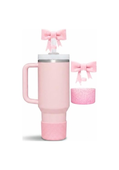 Pembe Simli Silikon Termos Taban Koruyucu Ve Fiyonk Pipet Tıpası Seti