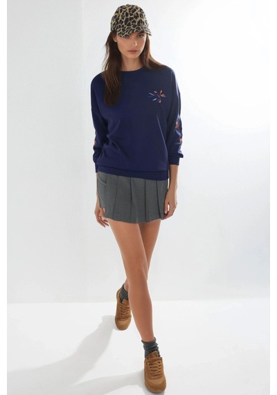 Hiccup Modal Dokulu İşlemeli Bisiklet Yaka Sweatshirt Berşan Collection Lacivert