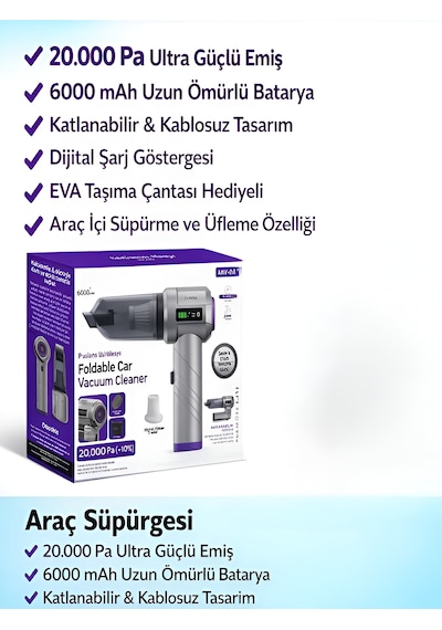 Çantalı 20000pa 6000mah Araç İçi Süpürge 100w Katlanabilir Şarjlı Vakum Üfleme Fonksiyonlu Gri