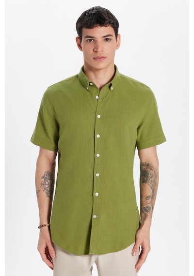 Tudors Erkek Slim Fit Dar Kesim Kısa Kollu %100 Pamuk Keten Doku Haki Düğmeli Yaka Gömlek-32811 Haki