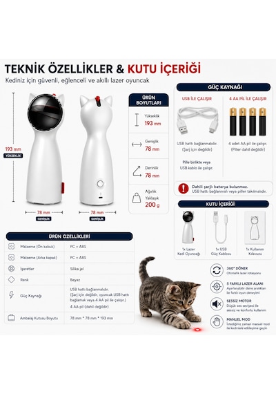Hpytech Otomatik Lazer Kedi Oyuncağı Hpytech Lazer Işıklı Kedi Oyuncağı 5 Hareket Seviyesi Usb & 4 Aa Pil Destekli Manuel Modlu İnteraktif Kedi Oyuncağı