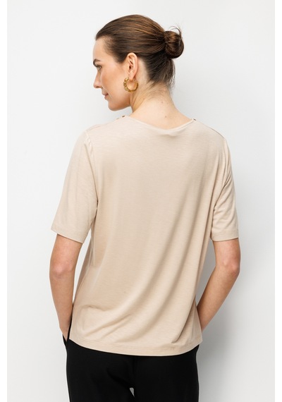 Kadın V Yaka Yakası İki Renkli İşlemeli Taşlı Penye T-shirt Bej Bej