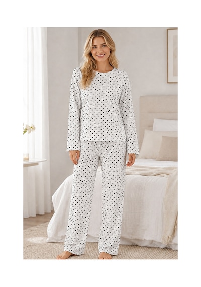 Fit Women Kadın Kalpli Uzun Kol Rahat Pijama Takımı 4673 Beyaz