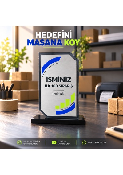 Kişiye Özel Füme Kristal Cam Plaket 12x19 Cm İsimli Ve Tarihli Başarı Ödülü Almera Craft 12 19