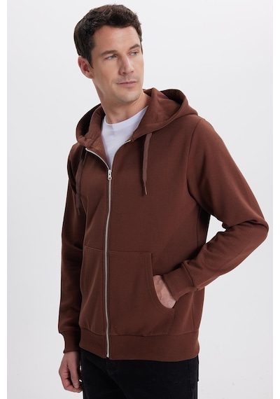Tudors Unisex Relax Fit Rahat Kesim Pamuklu İçi Polarlı Çift Cepli Tam Fermuarlı Kahverengi Kapüşonlu Sweatshirt-41654 Kahverengi