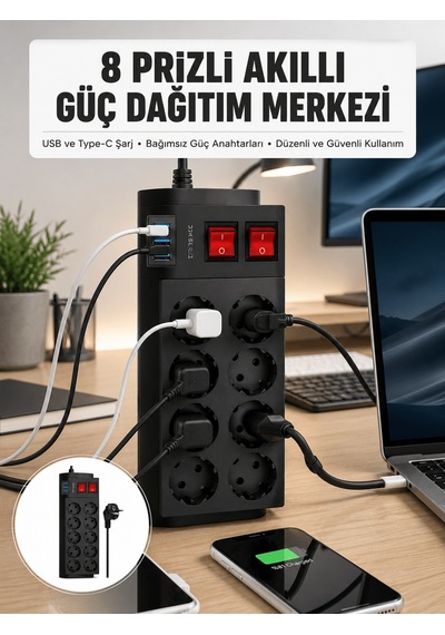 2 Metre Güçlü Çoklu Priz 8 Soket Yeni Nesil Aklby-bsva58 Standart