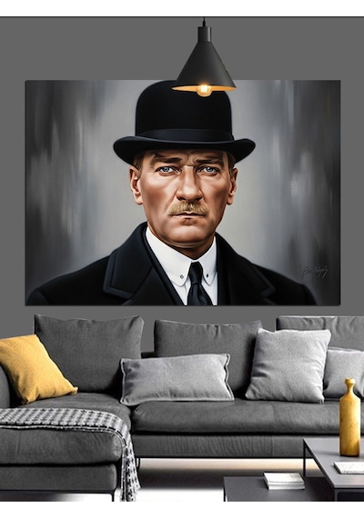 Şapkalı, Mustafa Kemal Atatürk Portresi Dekoratif Kanvas - Mdf Ahşap Tablo