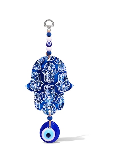 İlyasoğlu Hamsa Lazer Kesim Tahta Renkli Desenli Duvar Süsü Cam Nazarlık Sallantılı 26x10cm