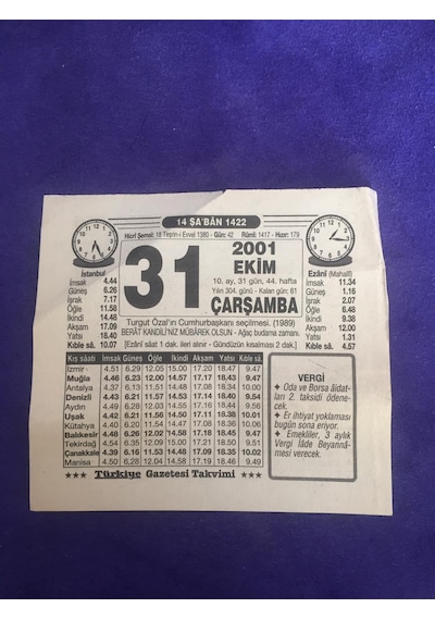 31 Ekim 2001 Takvim Yaprağı - Nostalji Koleksiyonluk Takvim Yaprağı