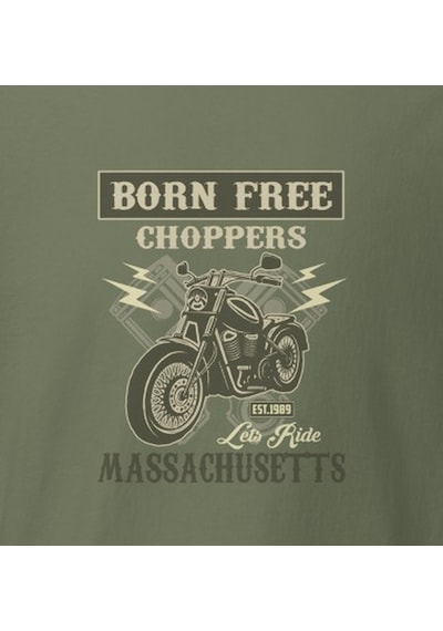Wildstyle Born Free Choppers Motosiklet Vintage Chopper Baskılı Unisex Bisiklet Yaka Pamuklu Tişört - Haki