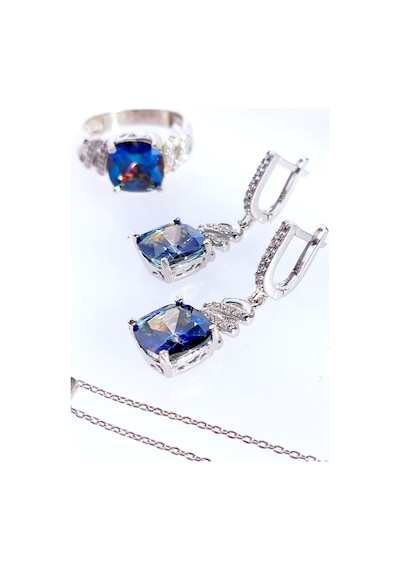 Gümüş Mavi Topaz Taşlı Kare Tasarım Kolye Küpe Yüzük Kadın Set
