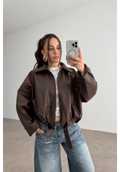 Pop Story Kadın Oversize Bomber Premium Deri Ceket Kemerli Kahverengi Kahverengi