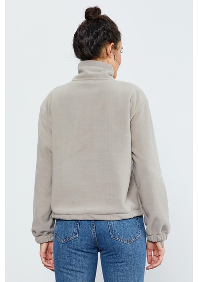 Tommy Life Koyu Bej Yarım Fermuar Etek Ucu Büzgülü Kadın Polar Oversize Sweatshirt - 97171 Koyu Bej