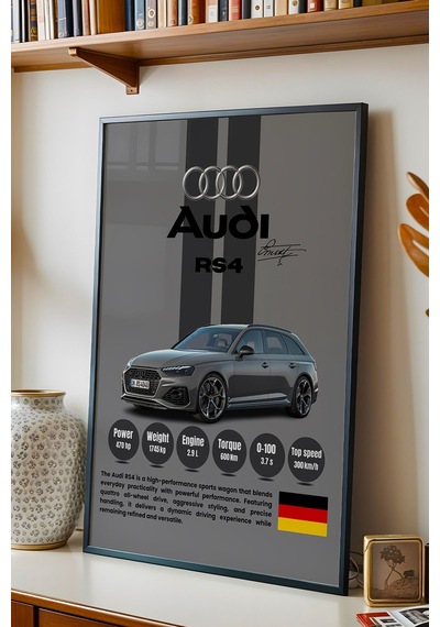 Audi Rs4 Premium Spor Araba Çerçeveli Tablo - Teknik Özellikli Otomobil Sever Duvar Dekoru Siyah