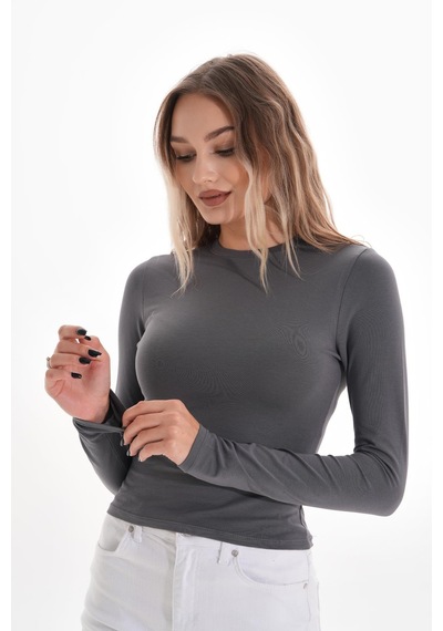 Likralı Pamuk Tişört-slim Fit -füme Füme
