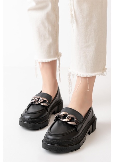Asmi Shoes Kadın Somo Siyah Cilt Kalın Tokalı Loafer Ayakkabı Siyah Siyah