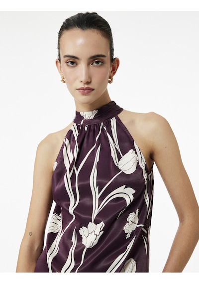 Koton Bağlama Detaylı Floral Desenli Halter Yaka Saten Bluz Bordo Desenli 6wak60123uw