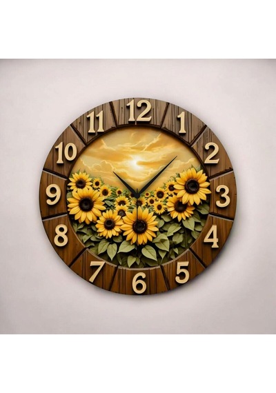 AA Shop 2d Ayçiçeği Desenli Renkli Baskı Sayılı Hediyelik Ahşap Sessiz Duvar Saati 50cm ÇOk Renkli