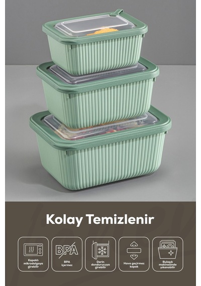 Vienev 3'lü Vip Dikdörtgen Mikrodalga Ve Difrize Uygun Saklama Kabı Seti Yeşil 1x 1750,1050,600 Ml Yeşil