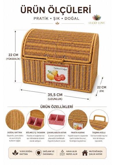 Rattan Bölmeli Patates Soğanlık Kapaklı Mutfak Saklama Sepeti Çıkarılabilir Astarlı Bej