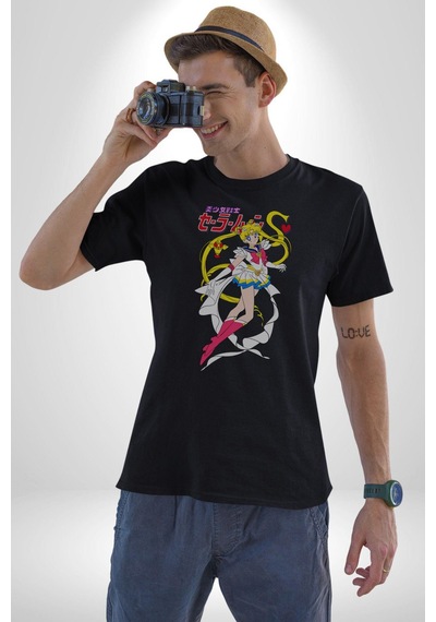 Sailor Moon Anime Usagi Tsukino Unisex Unisex Siyah Organik Baskılı T-shirt Penye Yüksek Kalite Siyah