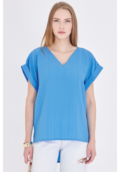Armonika Kadın Mavi V Yaka Yanları Yırtmaçlı Arkası Uzun Duble Kol Detaylı Oversize Bluz Arm-24y001074