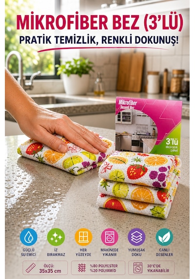 Renkli 3'lü Mikrofiber Temizlik Bezi 35x35 Cm Çok Amaçlı Mutfak Cam Banyo Silme Ve Kurulama Bezi Diğer