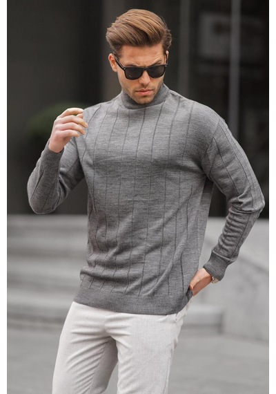 Madmext Antrasit Slim Fit Yarım Balıkçı Yaka Çizgili Tüylenmeyen Erkek Triko Kazak 6344 Antrasit