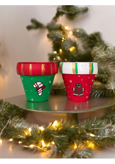 El Çizimi Yılbaşı Saksı Noel Saksı 2li Set Renkli