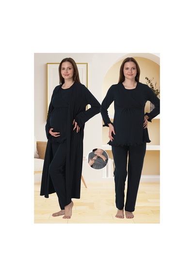 Effortt Dvina Lohusa Sabahlıklı Pijama Takımı Lacivert - 4044 Lacivert