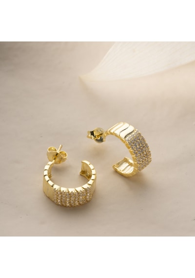 925 Ayar Gümüş Şeritli Ve Taşlı Halka Küpe Gold