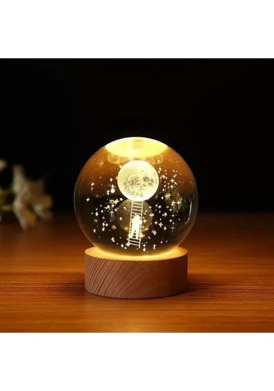 Kristal Cam Küre Led Işıklı Usb Kablolu Ahşap Stantlı Gece Lambası Dekoratif Hediyelik Astronot