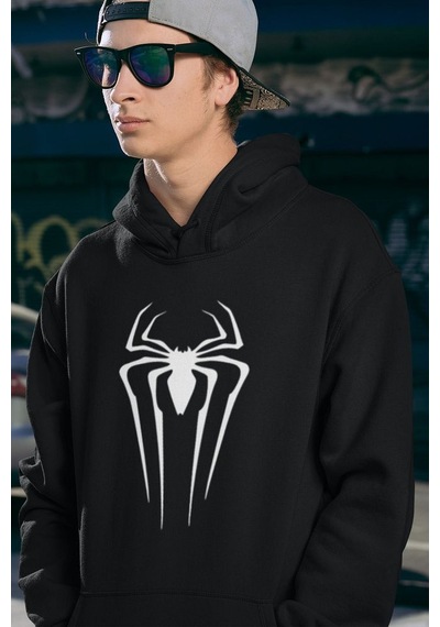Sevbano Örümcek Adam Logo Baskılı Unisex Hoodie, Oversize Spider-man Hood Siyah