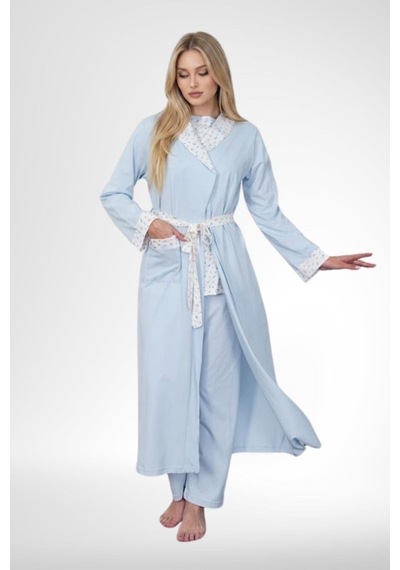 Mecit Pijama Mecit 6397 Mavi Kadın Uzun Sabahlıklı Pijama Takımı