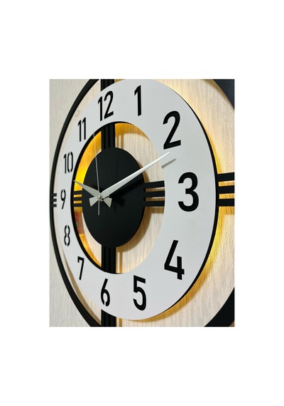 Pey Aksesuar Işıklı Ahşap Duvar Saati 48 Cm Dekoratif Modern Tasarım Beyaz