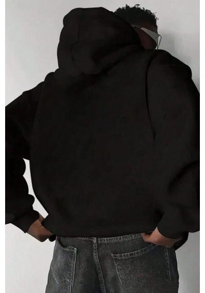 Tarz Cool Regular Kapüşonlu Sweatshirt Erkek Unisex 3 İplik Şardonlu %100 Pamuk Basic Hoodie Siyah