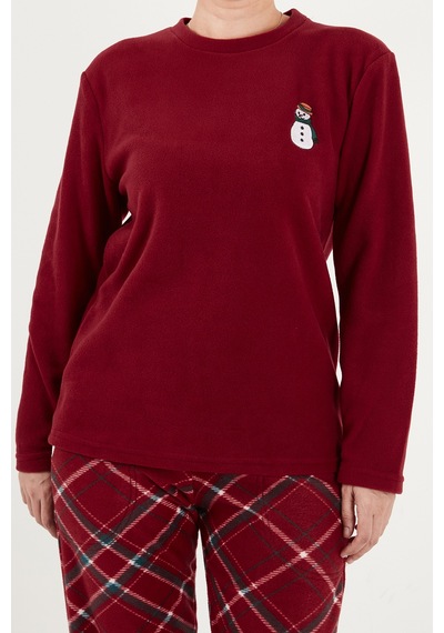 Lela Ekose Desenli Bisiklet Yaka Yumuşak Polar Pijama Takımı Kadın Pijama Takımı 6097059k Bordo