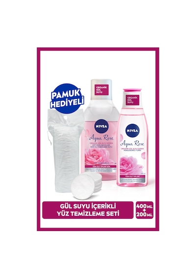 NIVEA Aqua Rose Gül Suyu İçeren Çift Fazlı Micellar Makyaj Temizleme Suyu 400 ML + Nemlendirici Tonik 200 ML + Pamuk