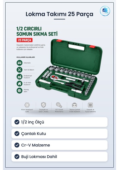 1/2 İnç 25 Parça Lokma Takımı Çantalı Cr-v Crırık Kollu Mafsallı