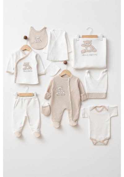 Zeynuko Erkek Bebek Hello Mommy Nakışlı Ayıcıklı 0-3 Ay 10'lu Yenidoğan Hastane Çıkışı Zıbın Seti Kutulu Kahverengi