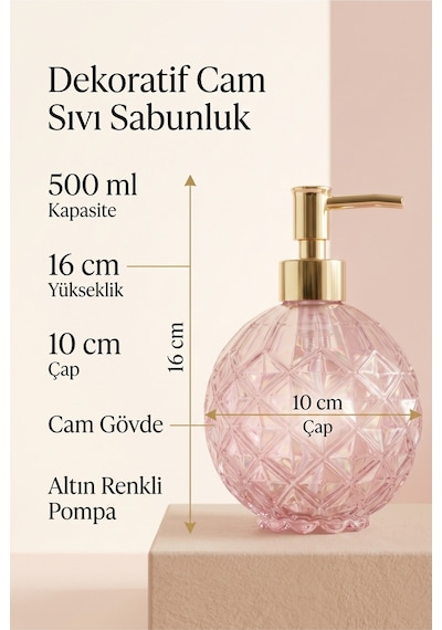 Boby Diamond Küre Cam Sıvı Sabunluk Gold Pompalı Kristal Desenli Dekoratif Banyo Ve Mutfak Dispenseri - 16 Cm X 10 Cm - 500ml - Pembe