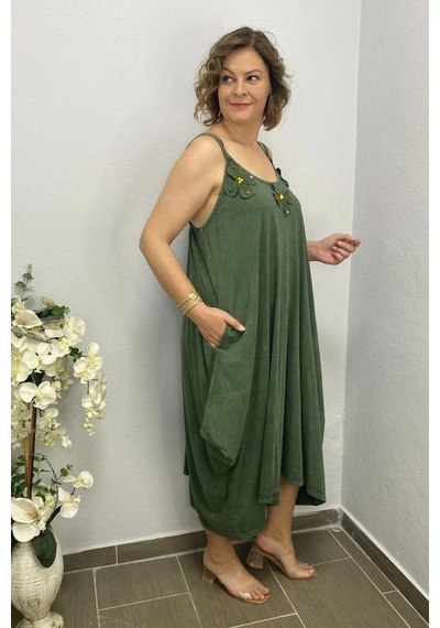 Mia Butik Büyük Beden Haki Pamuklu Şalvar Kesim Çiçekli Elbise Haki