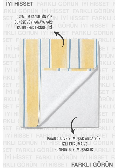 Çizgili Sarı Beyaz Plaj Havlusu - Akdeniz Minimalist Mavi Detaylı Hızlı Kuruyan Mikrofiber Havlu Mat Armut