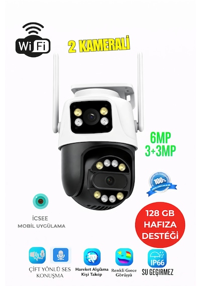 Çift Lensli 360 Ptz Wifi Güvenlik Kamerası Ip66 Su Geçirmez, Çift Yönlü Sesli, Gece Görüşlü, Duvar & Tavan Montajlı Smart Kamera