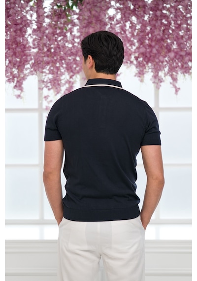 Advante Slimfit Kolları Lastikli Likralı Desenli Polo Yaka Triko T-shirt Lacivert